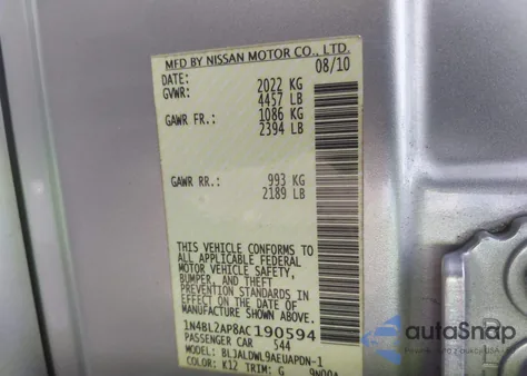 2010 Nissan Altima 3.5 Sr from USA, damaged, VIN 1N4BL2AP8AC190594